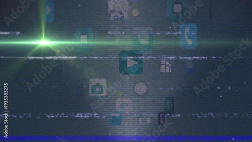 Animation of bright light beam moving on social media icons over glitch digital interface