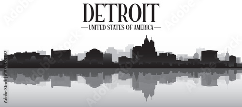 Black and white panoramic poster of the city skyline with misty background buildings and water reflection of DETROIT, UNITED STATES