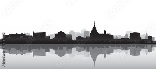 Black and white panoramic poster of the city skyline with misty background buildings and water reflection of OTTAWA, CANADA