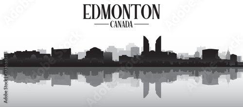 Black and white panoramic poster of the city skyline with misty background buildings and water reflection of EDMONTON, CANADA