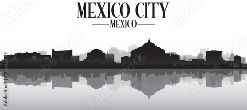 Black and white panoramic poster of the city skyline with misty background buildings and water reflection of MEXICO CITY, MEXICO