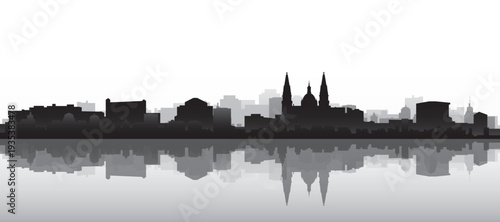 Black and white panoramic poster of the city skyline with misty background buildings and water reflection of GUADALAJARA, MEXICO