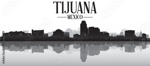 Black and white panoramic poster of the city skyline with misty background buildings and water reflection of TIJUANA, MEXICO