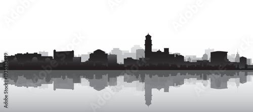 Black and white panoramic poster of the city skyline with misty background buildings and water reflection of PUEBLA, MEXICO