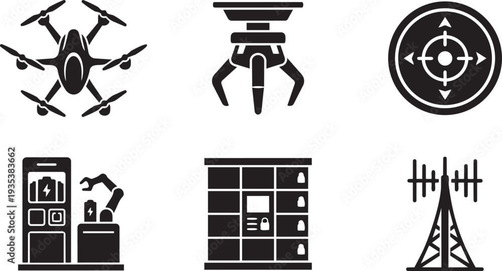 Fototapeta premium Drone Delivery Logistics, Automated Parcel Transport and Aerial Unmanned Vehicle Infrastructure Aerodynamic Stencil Icon Set Vector Illustration