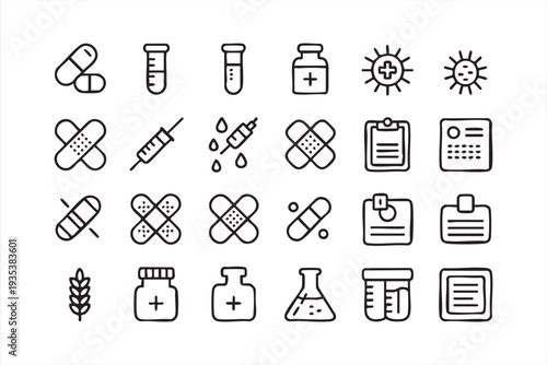 Healthcare Treatment And Medical Research Icon Set With Lab And Vaccine