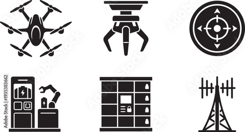 Drone Delivery Logistics, Automated Parcel Transport and Aerial Unmanned Vehicle Infrastructure Aerodynamic Stencil Icon Set Vector Illustration