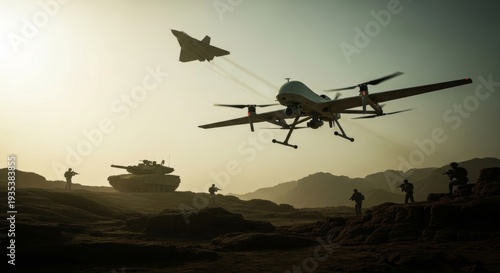 Military, drone and surveillance in a desert combat scenario with soldiers engaging enemy forces while unmanned aerial vehicle provides reconnaissance support. Security, defense and warfare with