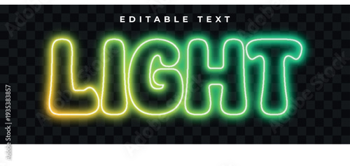 A vibrant neon sign displaying the word light with a gradient from yellow to green on a transparent background