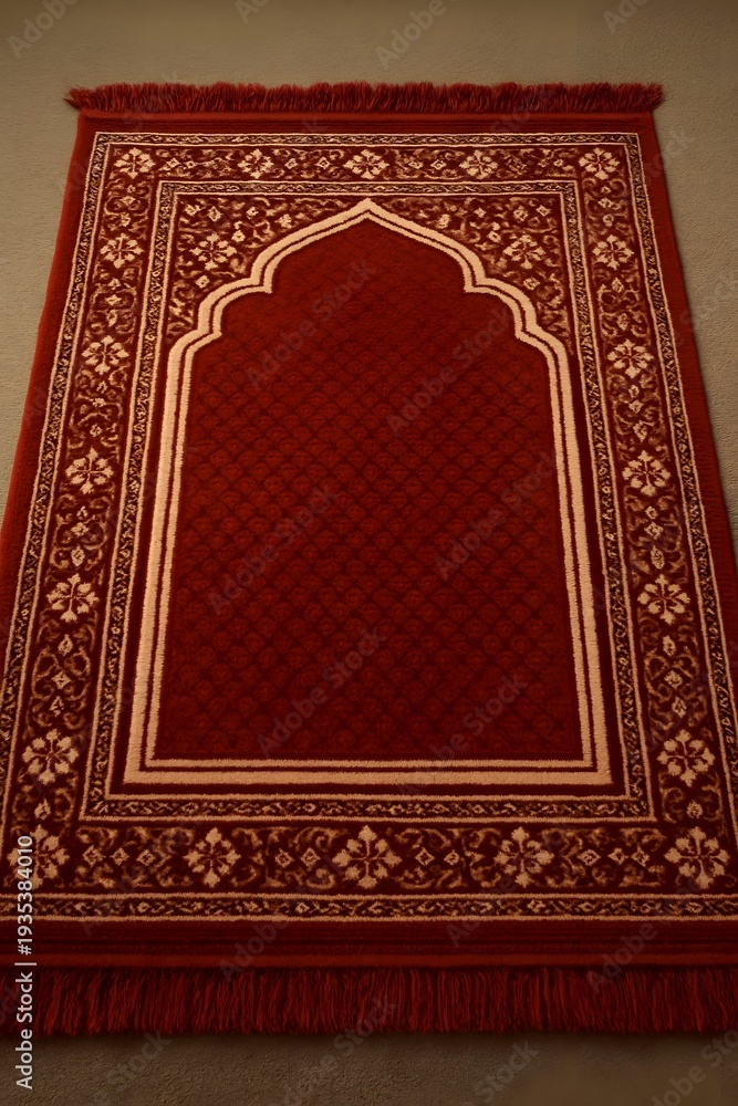 Obraz premium An ornate golden arch with intricate floral and vine patterns set against a rich, dark red background, Elegant Islamic prayer rug with intricate gold and white floral patterns. 