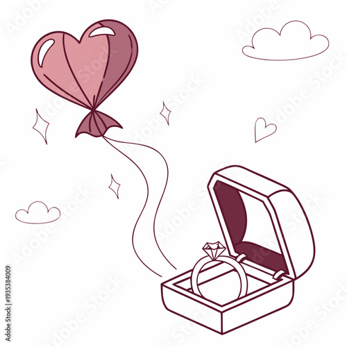 A heart shaped balloon tied to a ring box