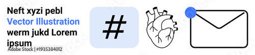 metadata tag inside a blue square, detailed anatomical heart, and an envelope with a notification dot. Ideal for communication, connection, health, notifications, anatomy, social topics and simple