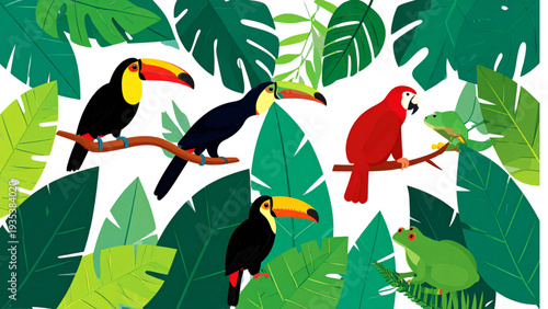 Tropical jungle animals illustration set with parrot toucan monkey sloth frog and green leaves flat vector