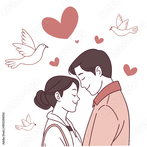 A couple sharing a romantic moment with hearts and birds around them