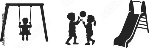 Children playground silhouettes set with kids playing ball swing and slide equipment isolated on white background vector illustration collection