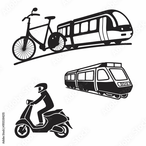 A black and white image of a bicycle, a train, a bus and a motor scooter
