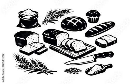 Assorted baked goods and ingredients, including loaves, sliced bread, a baguette, muffin, flour, grain, and a knife