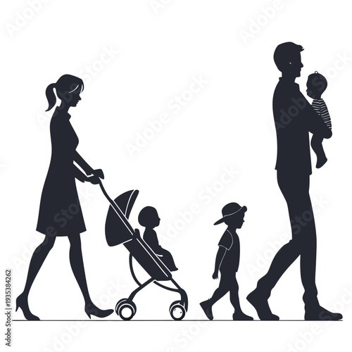 A family of four walking together outside