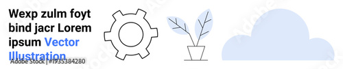 Gear with a minimal outline, a potted plant, and a cloud. Ideal for technology, nature, sustainability, innovation, growth, cloud computing simple landing page