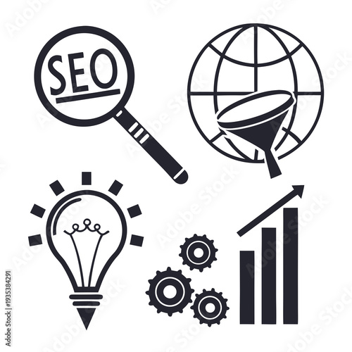 A black and white image of seo and business growth concepts
