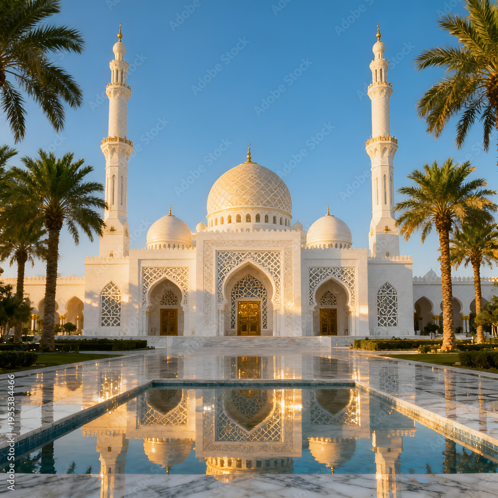 Fototapeta premium Miniature model of a mosque displaying architectural design features, Mosque Architecture: A stunning white mosque with intricate details and golden accents stands majestically against a clear sky,