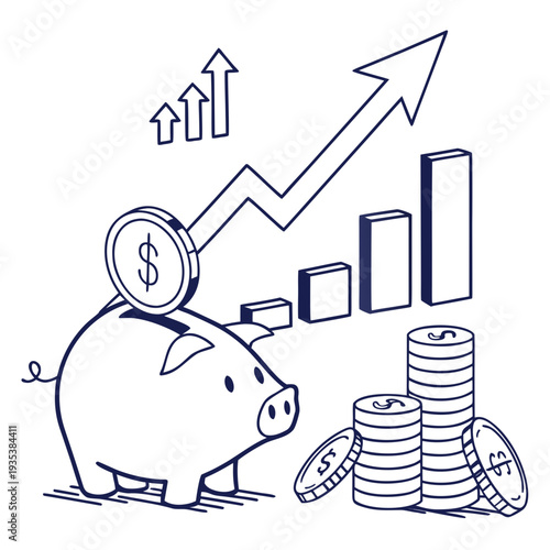 A piggy bank with coins and a graph showing financial growth