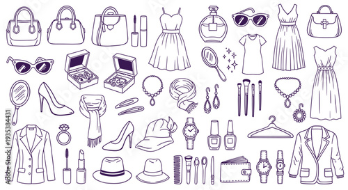 Elegant Fashion Accessories Collection Hand Drawn Sketch Style Vector Elements For Women Wardrobe Essentials And Style Inspiration