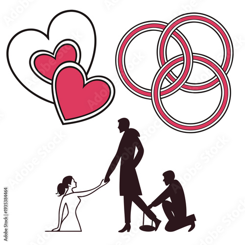 A man and woman are surrounded by hearts and rings