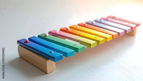 A colorful wooden xylophone toy rests on a white surface, showcasing vibrant rainbow hues and simple design, evoking childhood joy and musical discovery