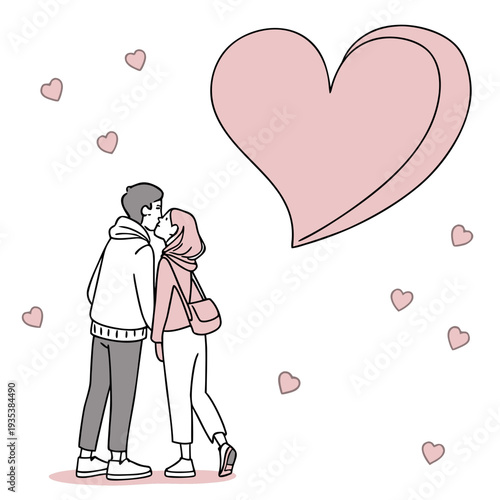 A couple sharing a romantic kiss under a pink heart
