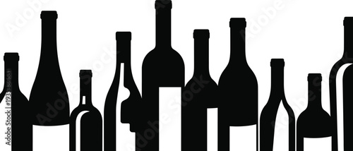 Wine bottle silhouettes collection isolated on white background representing alcoholic beverages, bar drinks, restaurant service, winery products and beverage packaging