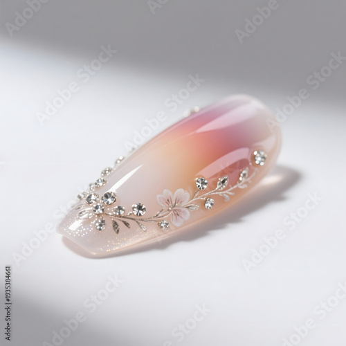  fingernails with floral and gold leaf nail art designs shown, Artificial nails gel for women crafted with art intricate details show on white background. Design for cosmetics and fashion-theme
