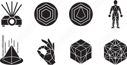 Holographic Interface, 3D Projection Technology and Future Human-Computer Interaction Radiant Geometric Icon Set Vector Illustration