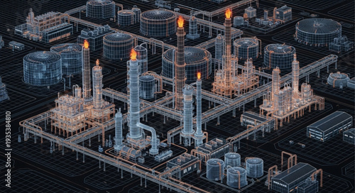 Digital blueprint of an industrial oil refinery complex with glowing lights.