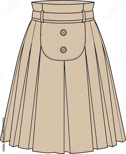 Beige pleated skirt fashion illustration featuring high waistband with belt loops, decorative front flap with buttons, structured pleats, and garment construction details for clothing design concept