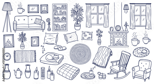 Cozy Home Interior Elements Collection Featuring Furniture Decor and Comfort Items for Relaxation and Hygge Lifestyle