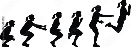 Woman performing squat jump exercise silhouettes sequence isolated on white background representing fitness training, workout routine, strength exercise and healthy lifestyle