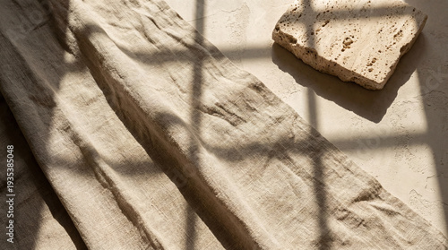 Draped beige linen fabric with travertine stone tile. Sunlight shadows on textured surface. Minimalist interior design background