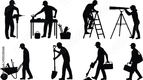 Construction worker silhouettes set with builders using tools ladder telescope wheelbarrow and shovel isolated on white background vector collection