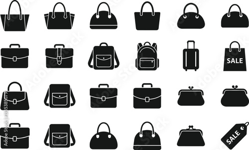 Black handbag and shopping bag icons set including backpack briefcase luggage purse sale tag retail fashion accessory silhouette vector collection