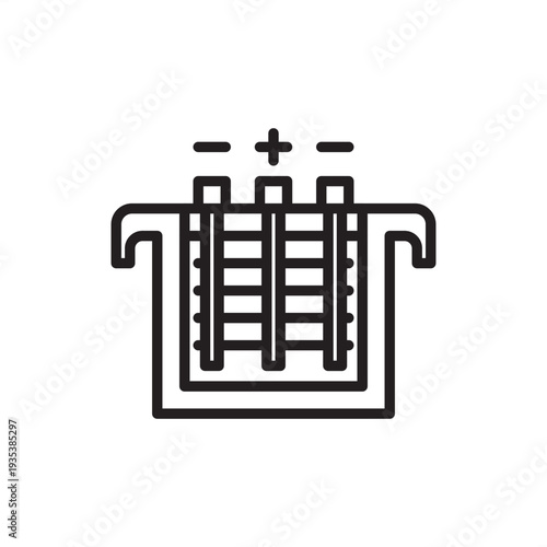 Anodizing tank icon. Electrochemical surface treatment, represents aluminum oxidation hardware, industrial electrolyte baths, metal finishing systems, corrosion resistance tech, chemical engineering.