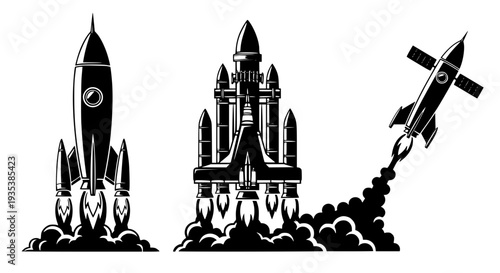 Professional Flying Rocket Silhouette Icons – Detailed Vector Spacecraft Set
