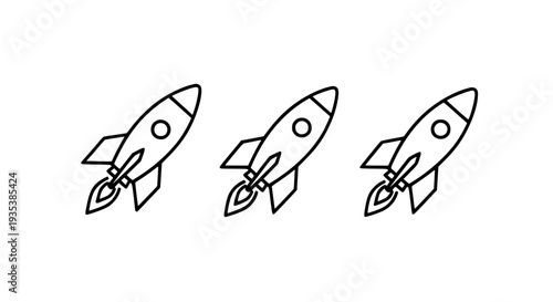 Minimal Line Flying Rocket Icons – Outline Vector Spacecraft Set