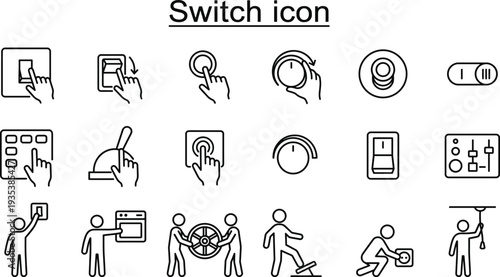 Switch and control icons collection including power button toggle light switch control panel interface outline vector set for electrical and UI design