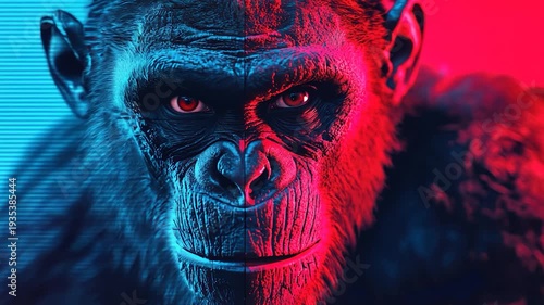 Close-up, digital art, ape face, vibrant colors, glitch effect