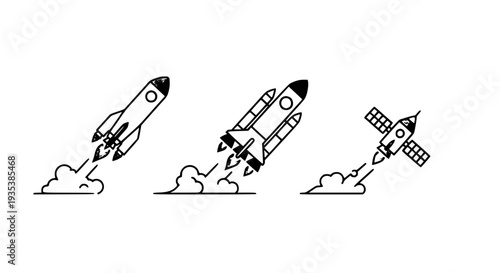 Flying Rocket Icons Set – Flat Black Vector Spacecraft Launch Collection