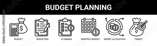 Budget Planning web banner icon vector illustration concept with icons of budget, budgeting, planning, monthly budget, money allocation, and target.