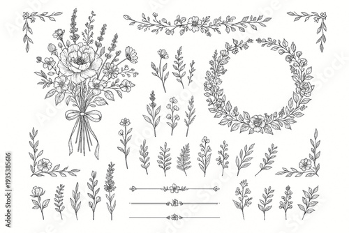 Hand-drawn floral botanical collection; vintage line art bouquet, wreath, and decorative garden elements for wedding invitation design.