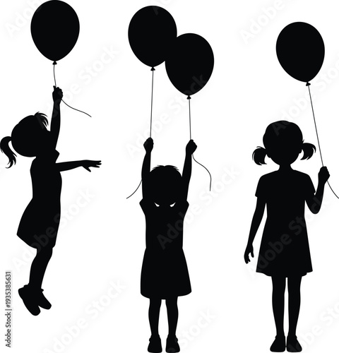 Children silhouettes holding balloons isolated on white background showing playful kids celebrating happiness, childhood joy, party fun and festive moments
