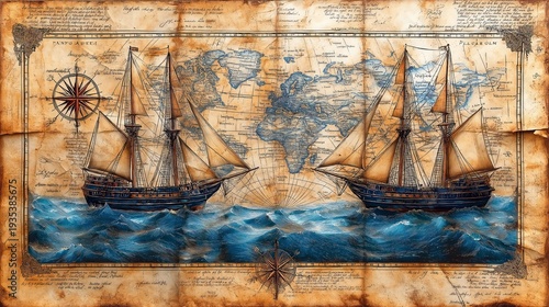 Abstract background on the theme of travel, adventure and discovery. Old hand drawn map with vintage sailing yachts, wind rose, routes, nautical symbols and handwritten inscriptions